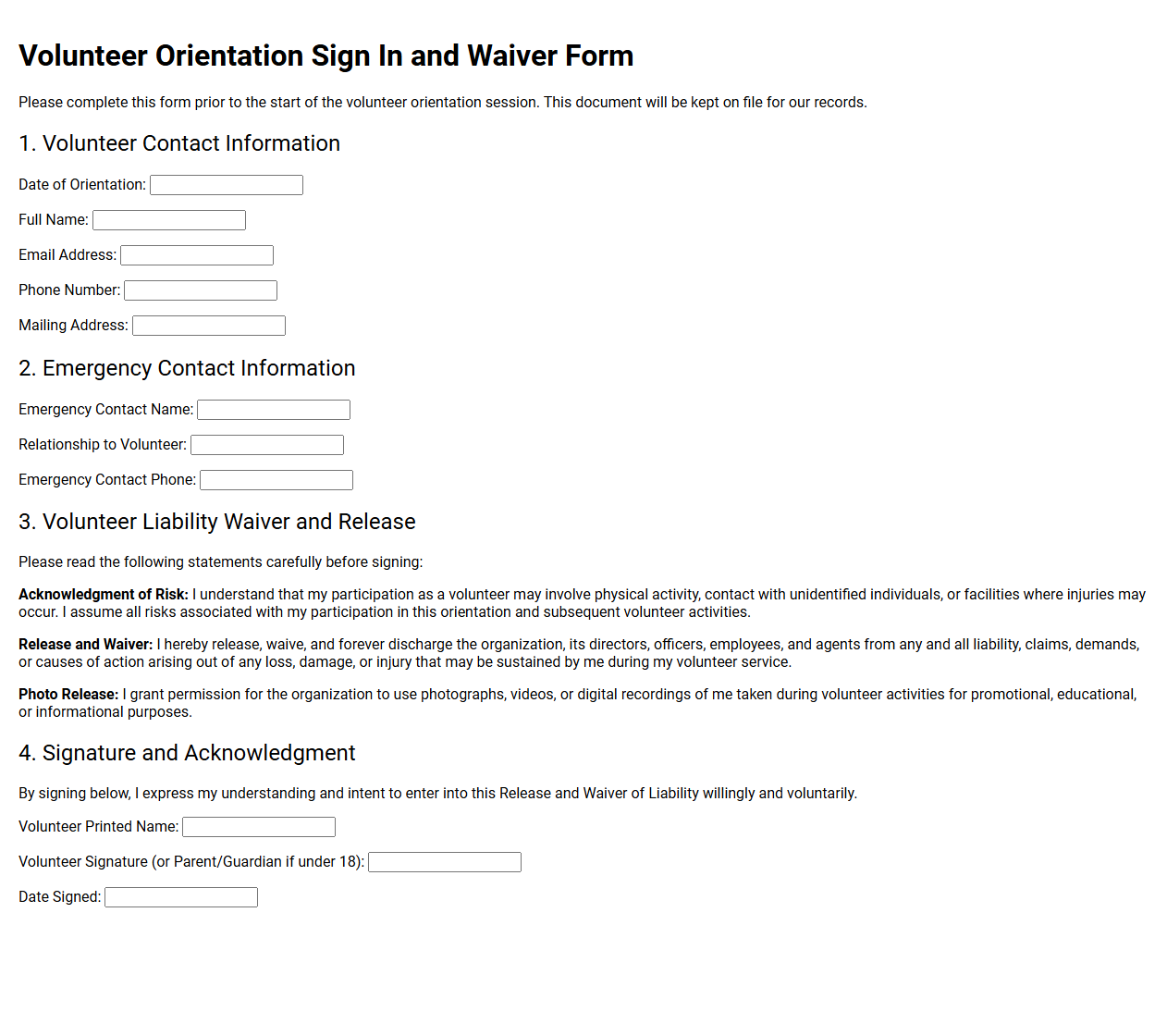 Volunteer Orientation Sign In and Waiver Form