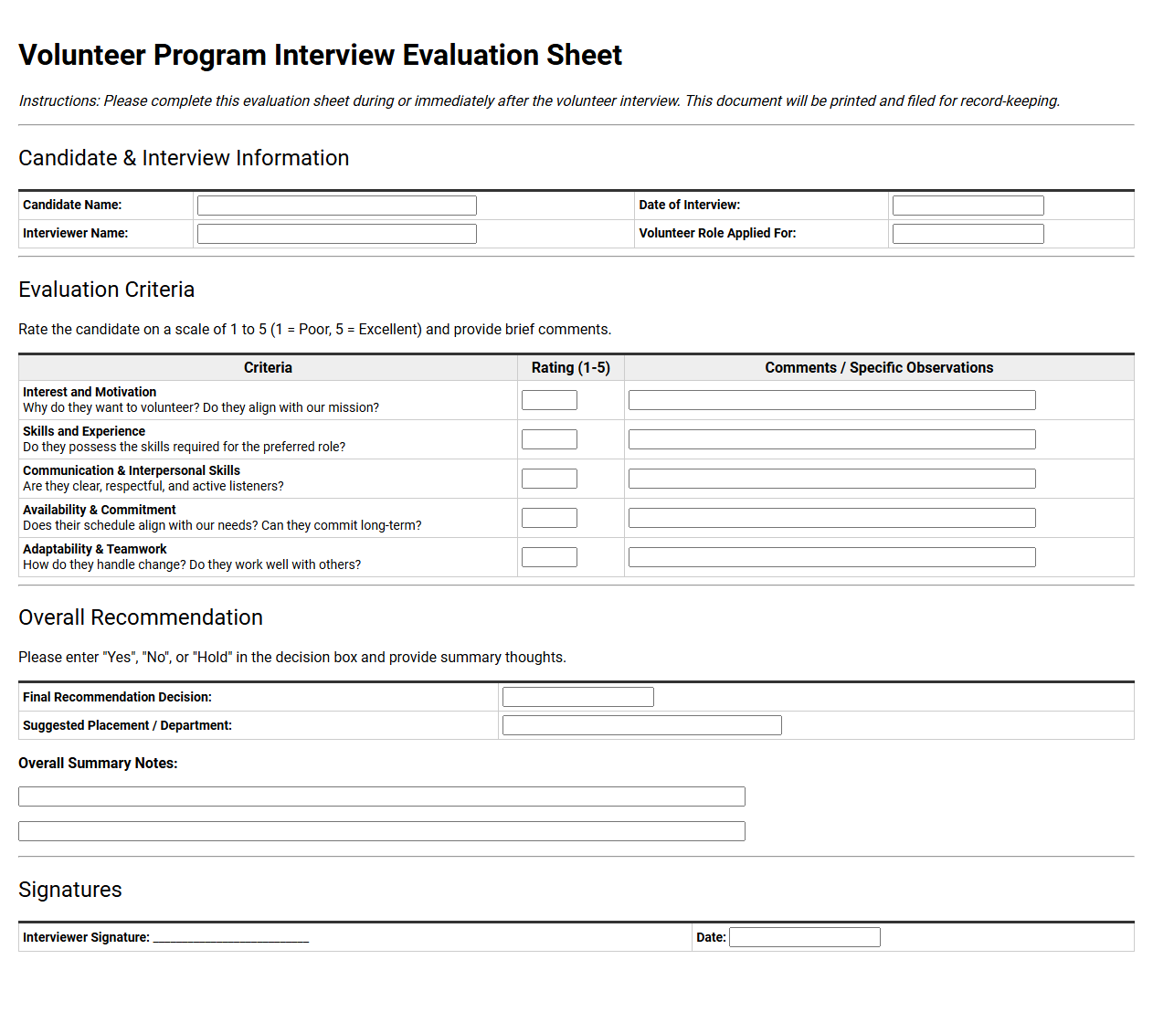 Volunteer Program Interview Evaluation Sheet