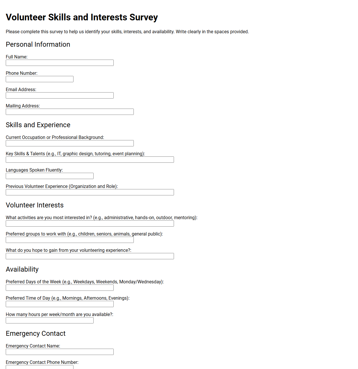 Volunteer Skills and Interests Survey