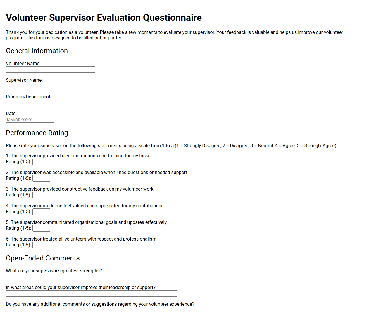 Volunteer Supervisor Evaluation Questionnaire