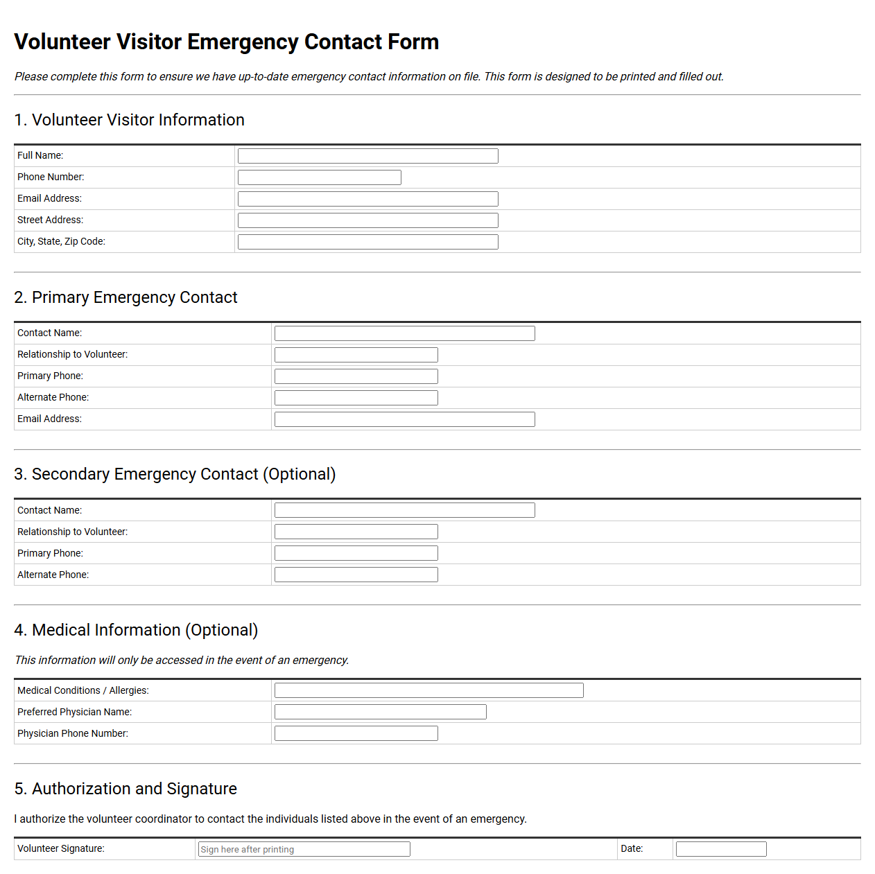 Volunteer Visitor Emergency Contact Form
