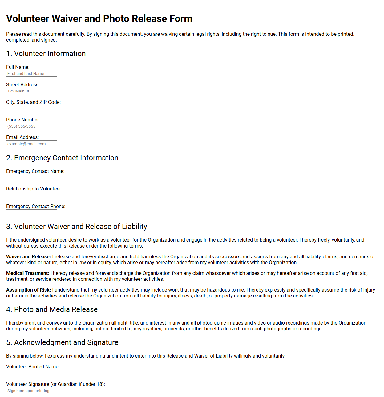 Volunteer Waiver and Photo Release Form