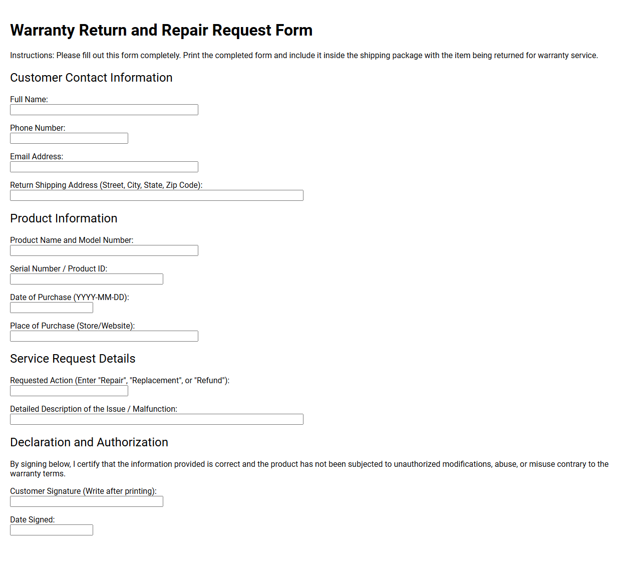 Warranty Return and Repair Request Form