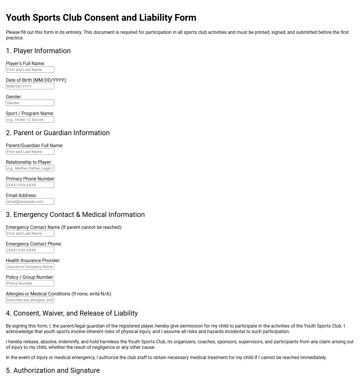 Youth Sports Club Consent and Liability Form