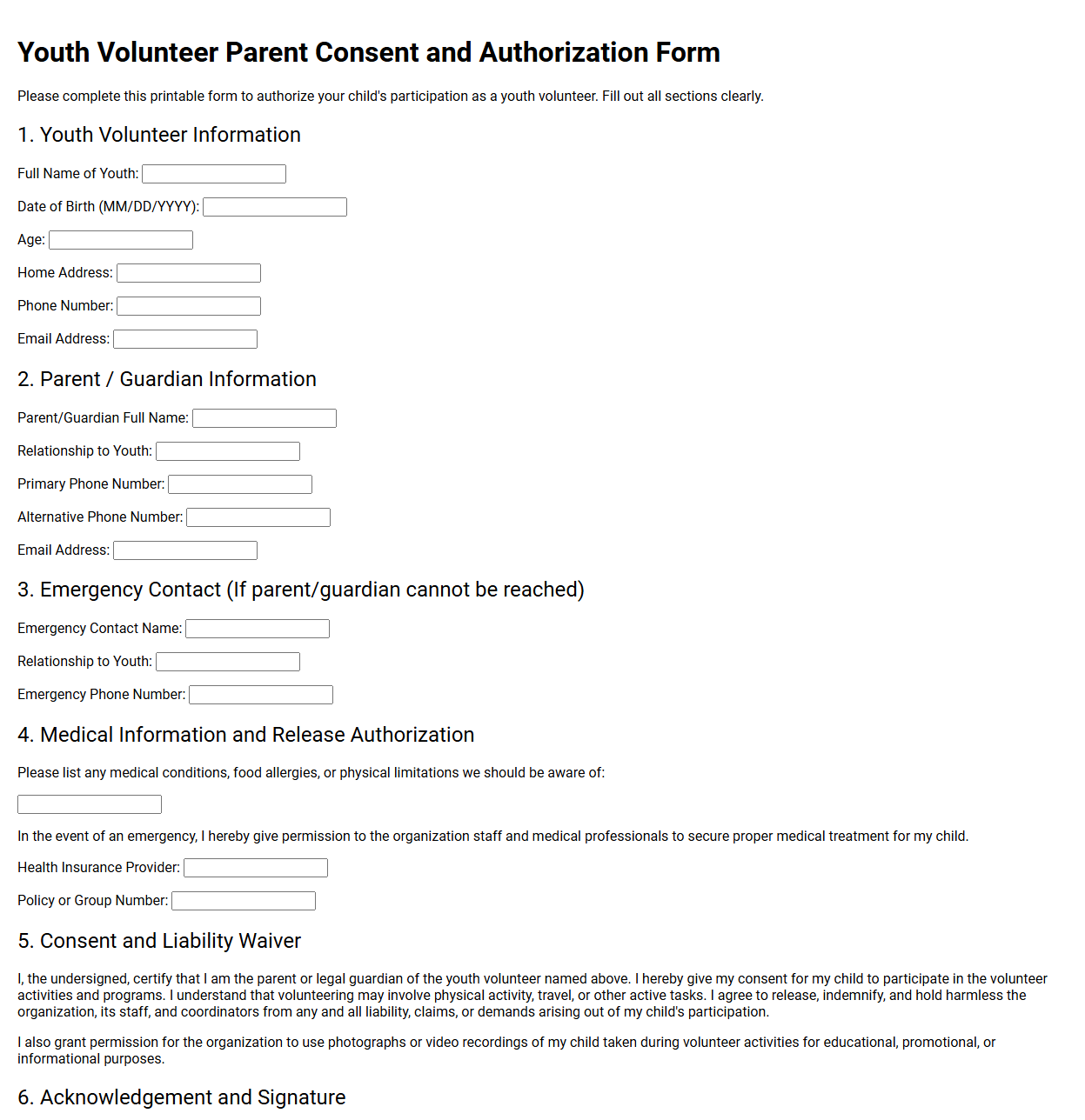 Youth Volunteer Parent Consent and Authorization Form