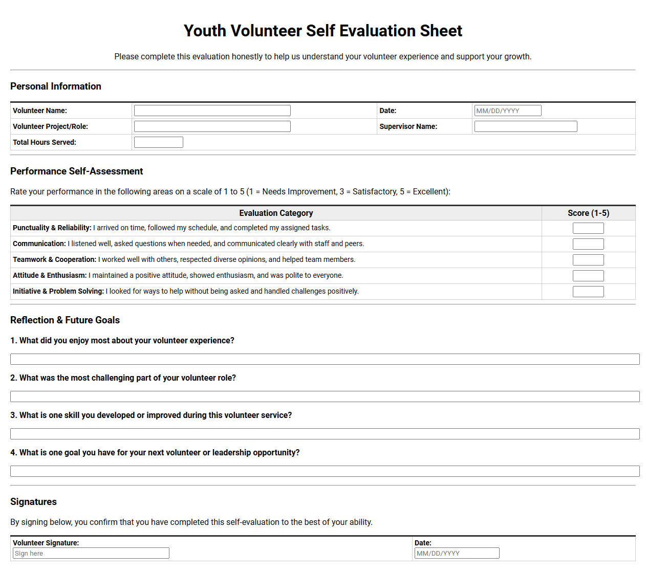 Youth Volunteer Self Evaluation Sheet