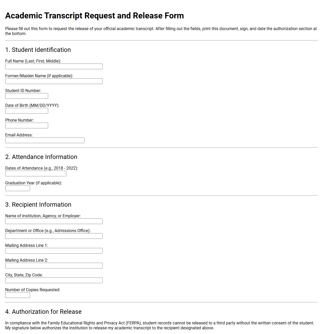 Academic Transcript Request and Release Form