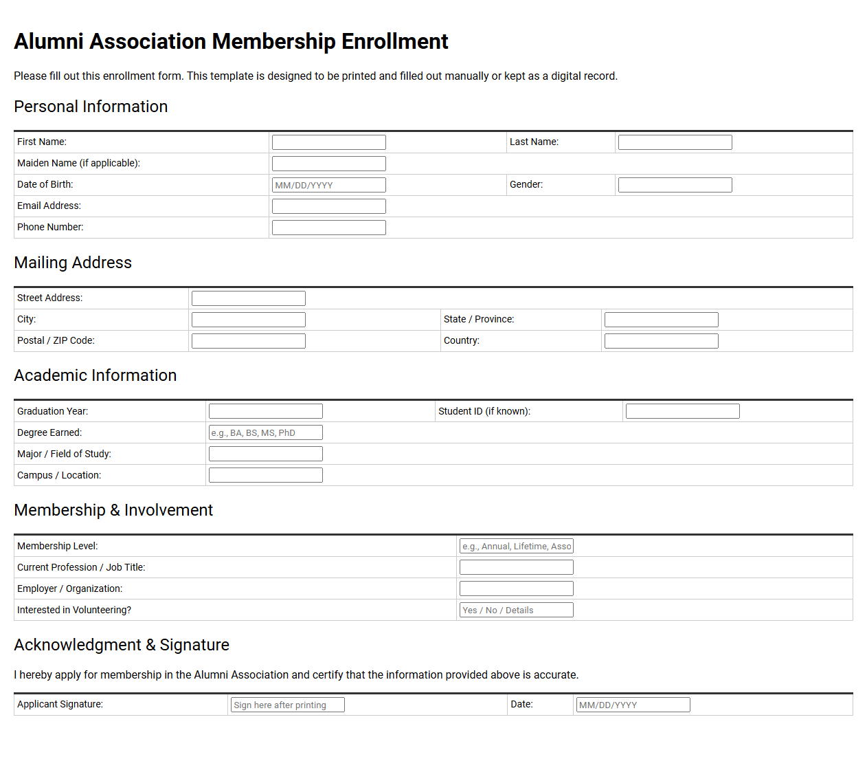 Alumni Association Membership Enrollment Template