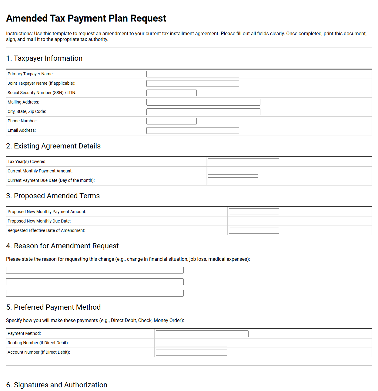 Amended Tax Payment Plan Request Template