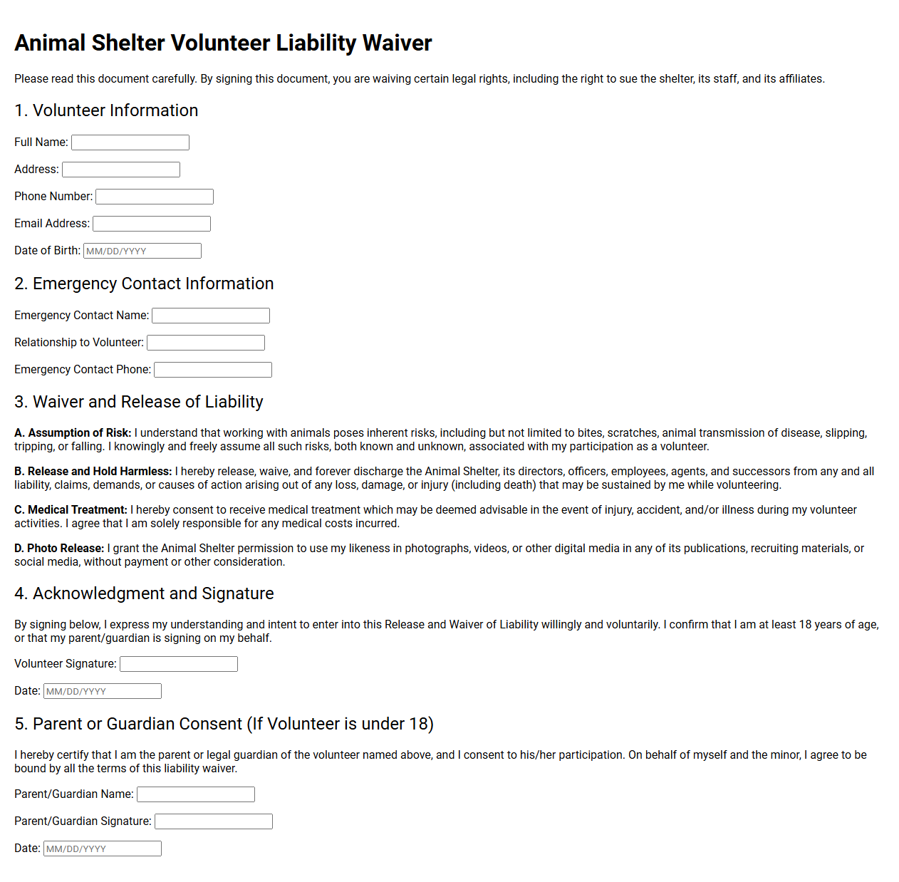 Animal Shelter Volunteer Liability Waiver
