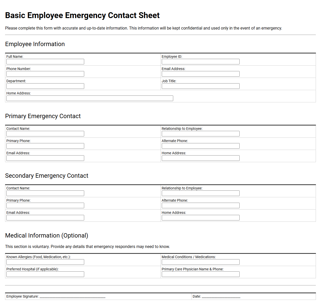Basic Employee Emergency Contact Sheet Printable