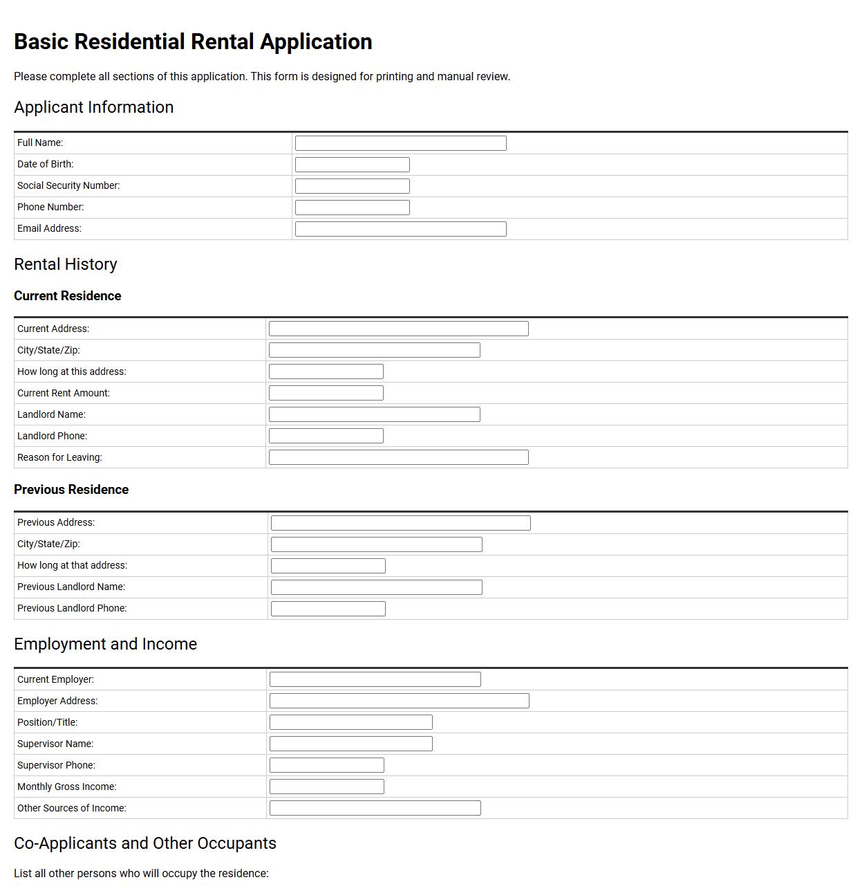 Basic Residential Rental Application Form