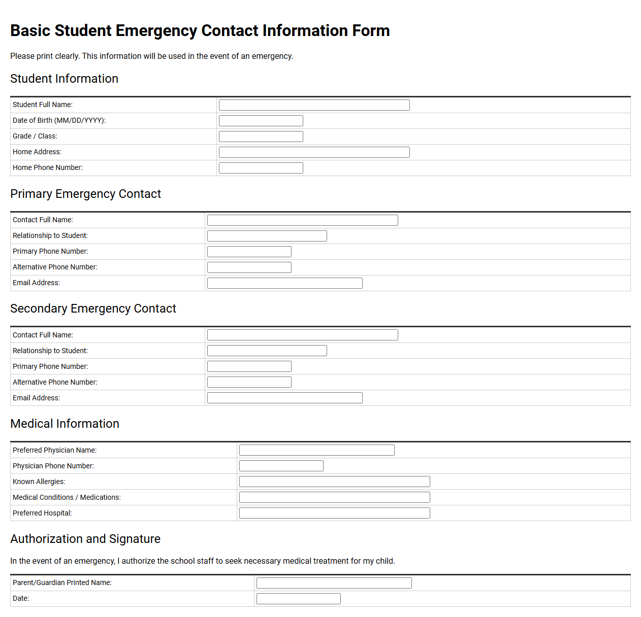 Basic Student Emergency Contact Information Form
