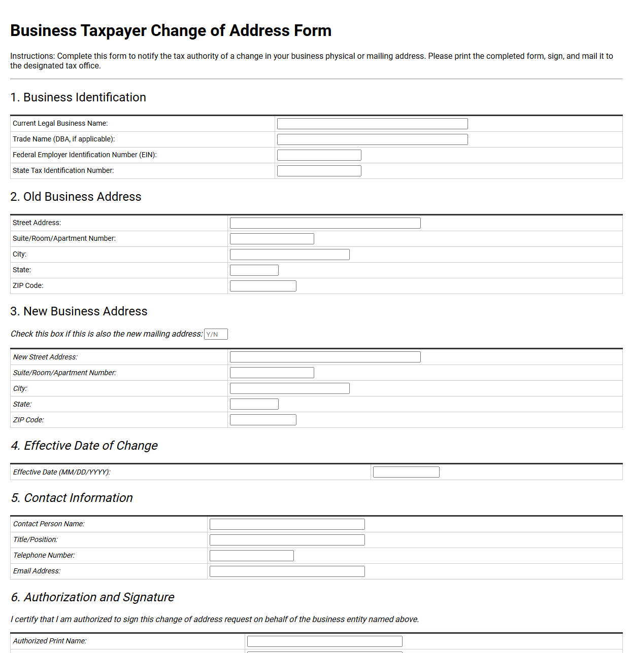 Business Taxpayer Change of Address Template