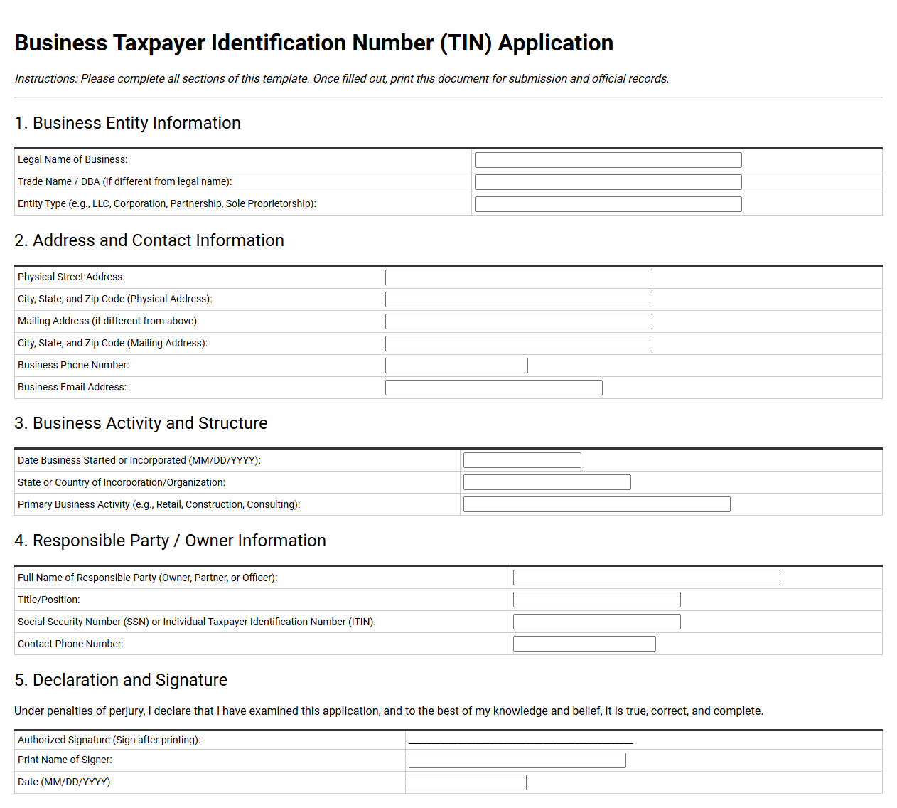 Business Taxpayer Identification Number Application Template