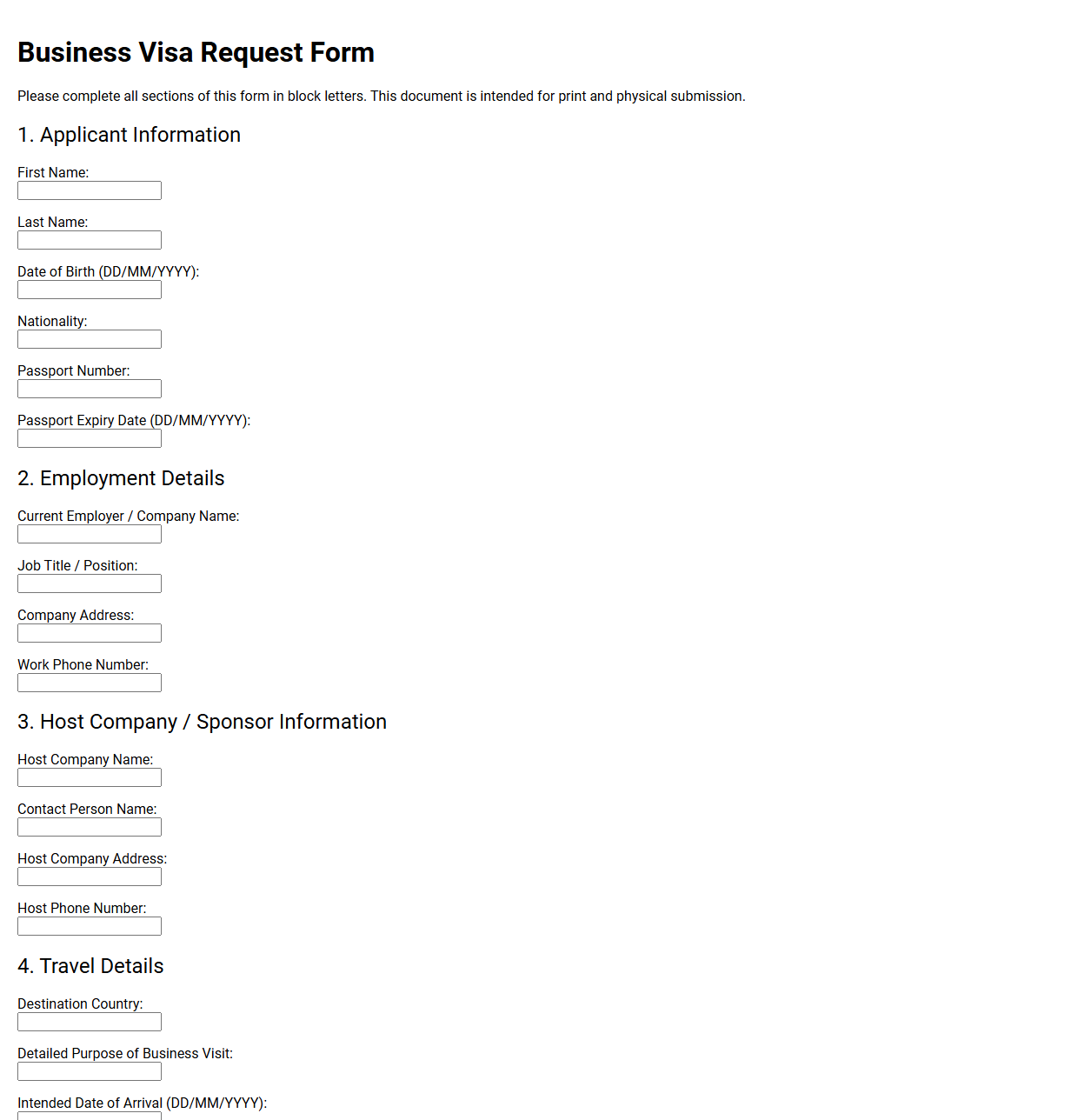Business Visa Request Form Template
