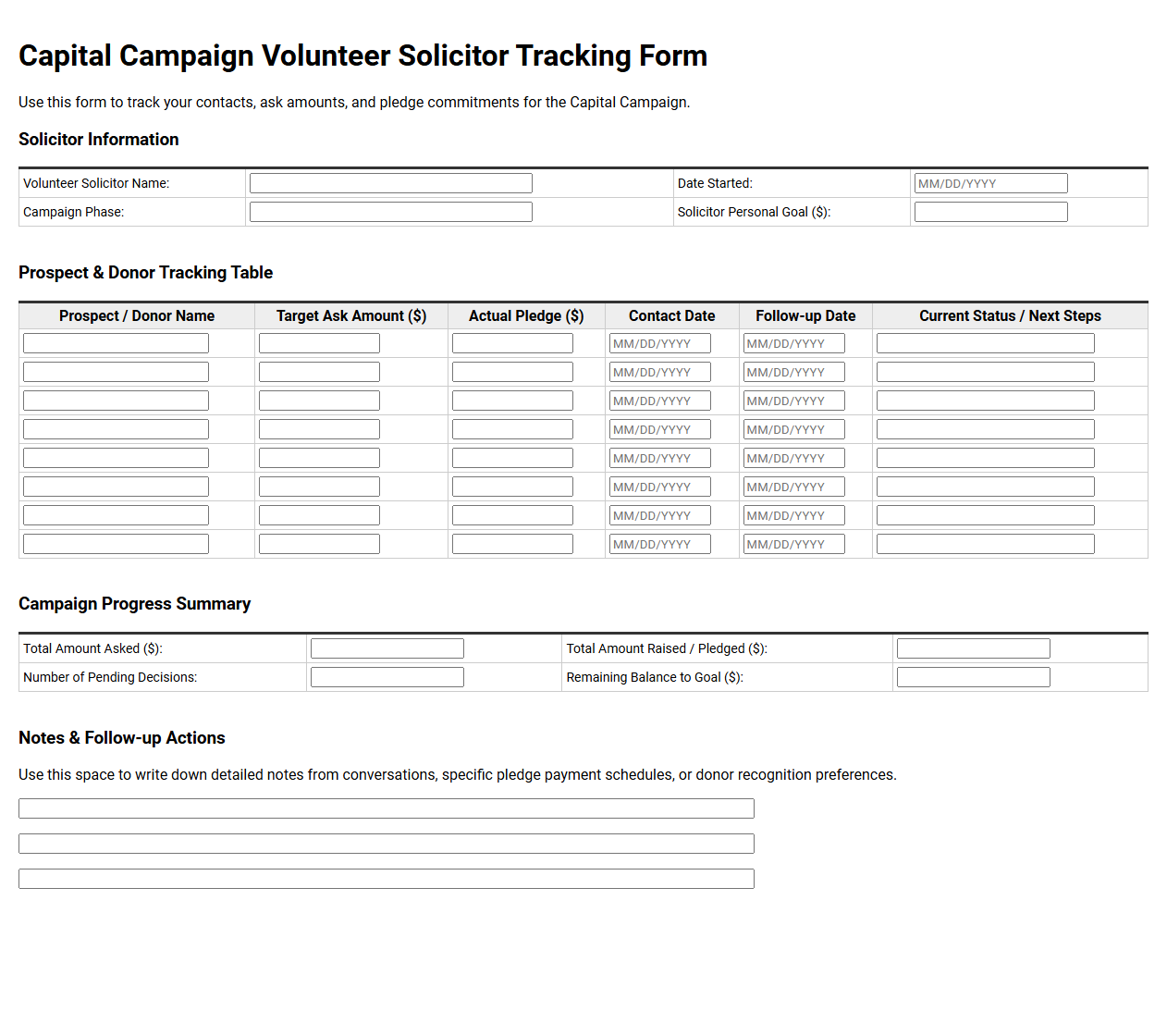 Capital Campaign Volunteer Solicitor Tracking Form