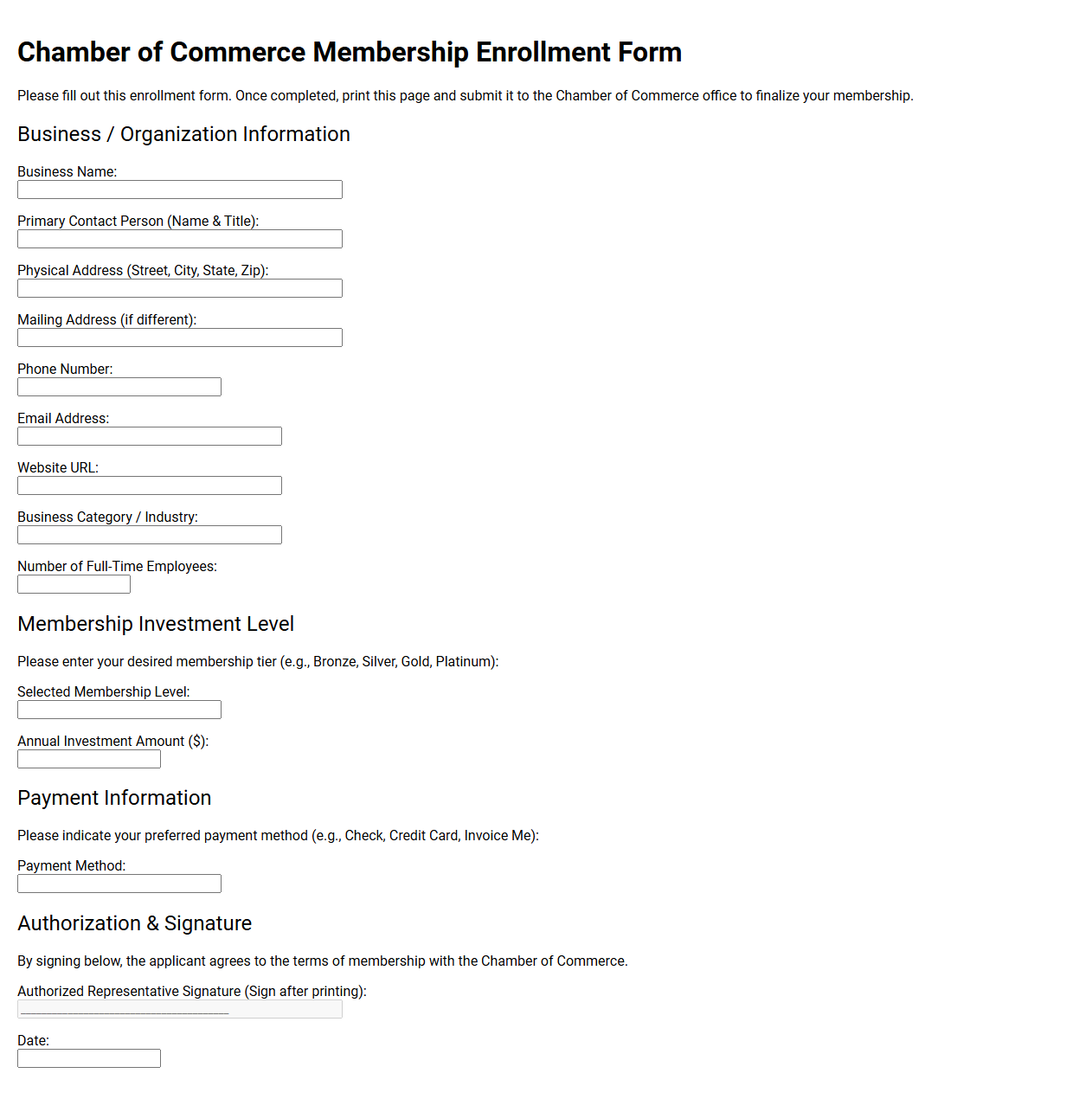 Chamber of Commerce Membership Enrollment Form