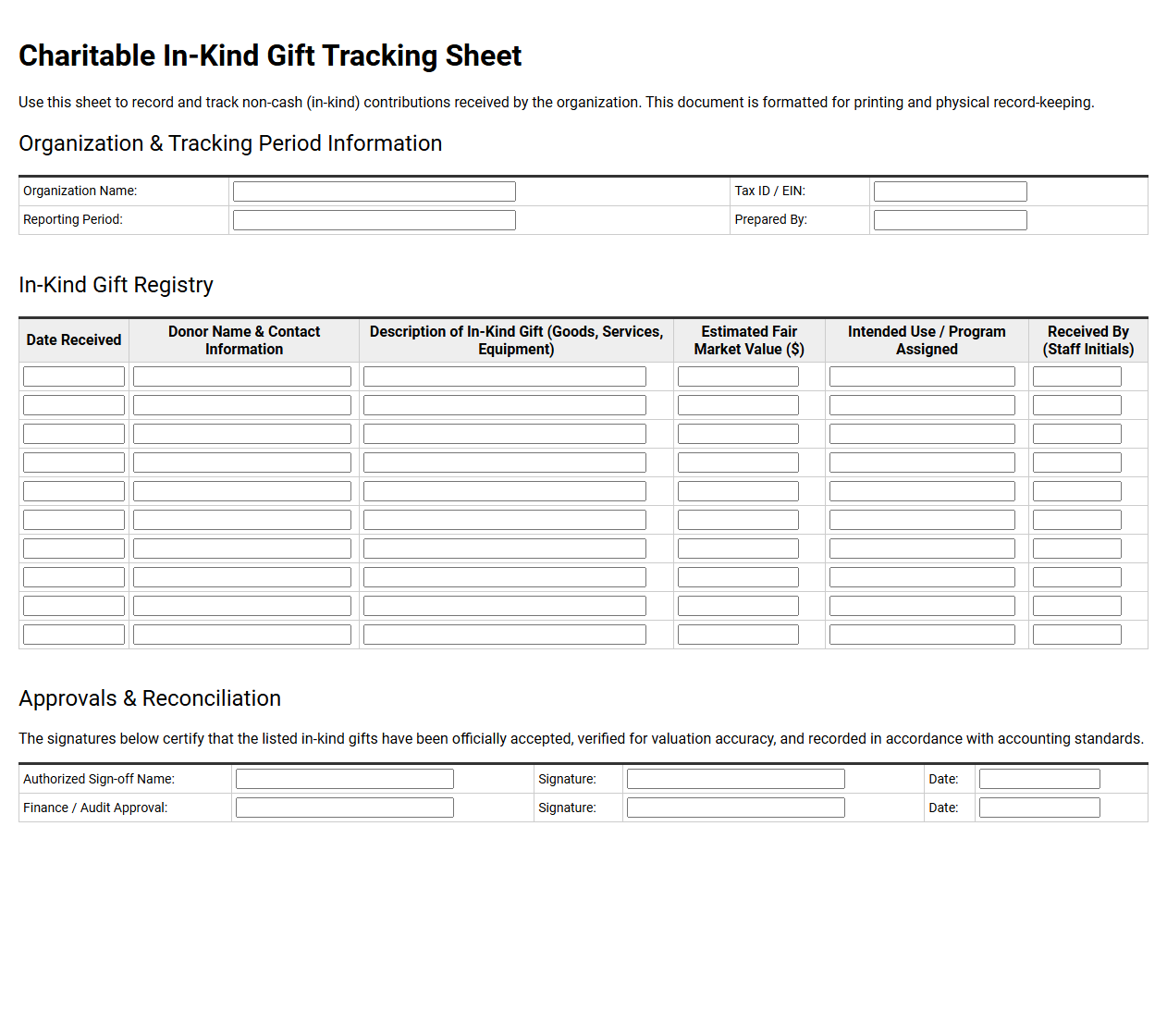 Charitable In-Kind Gift Tracking Sheet