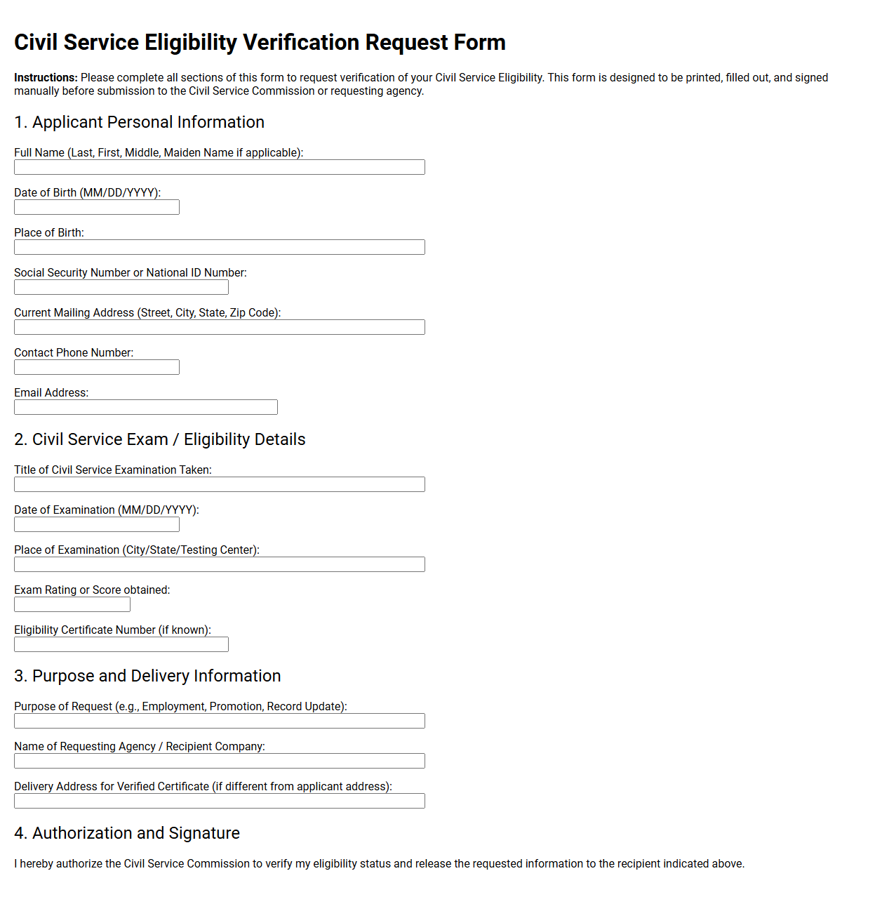 Civil Service Eligibility Verification Request Form