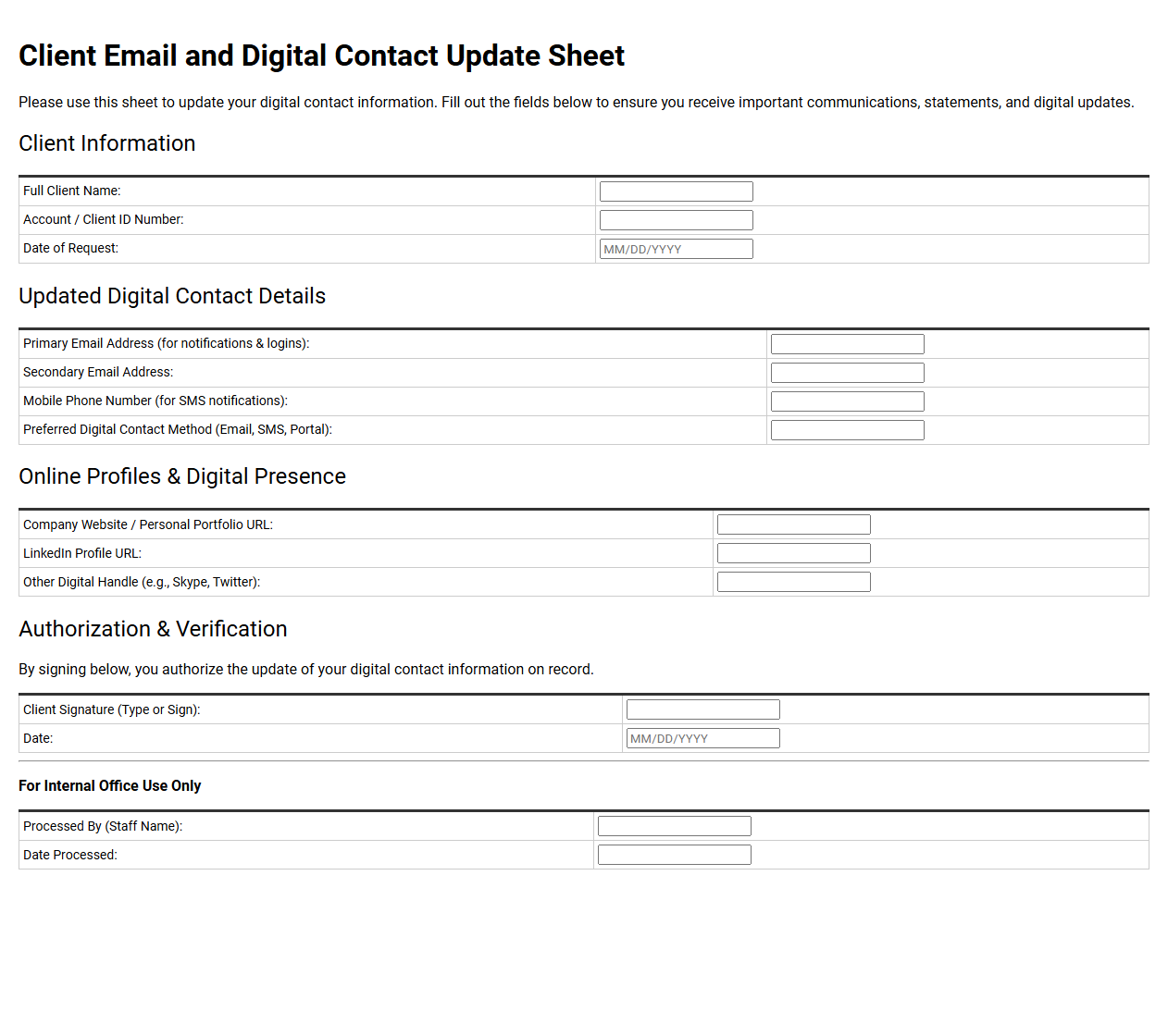 Client Email and Digital Contact Update Sheet