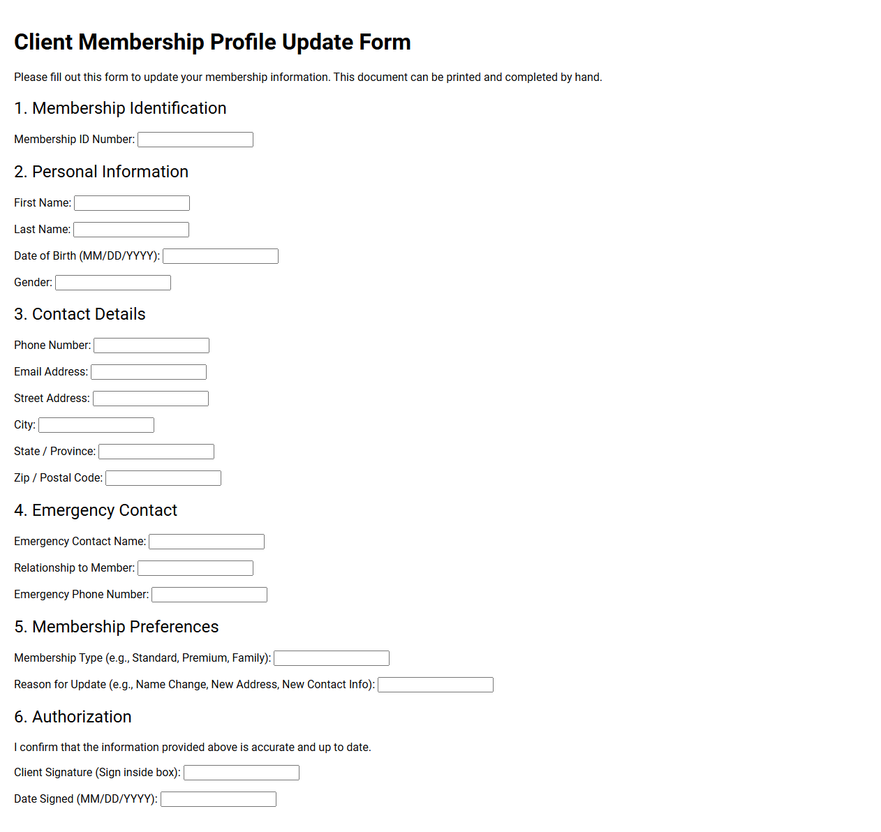 Client Membership Profile Update Form Template
