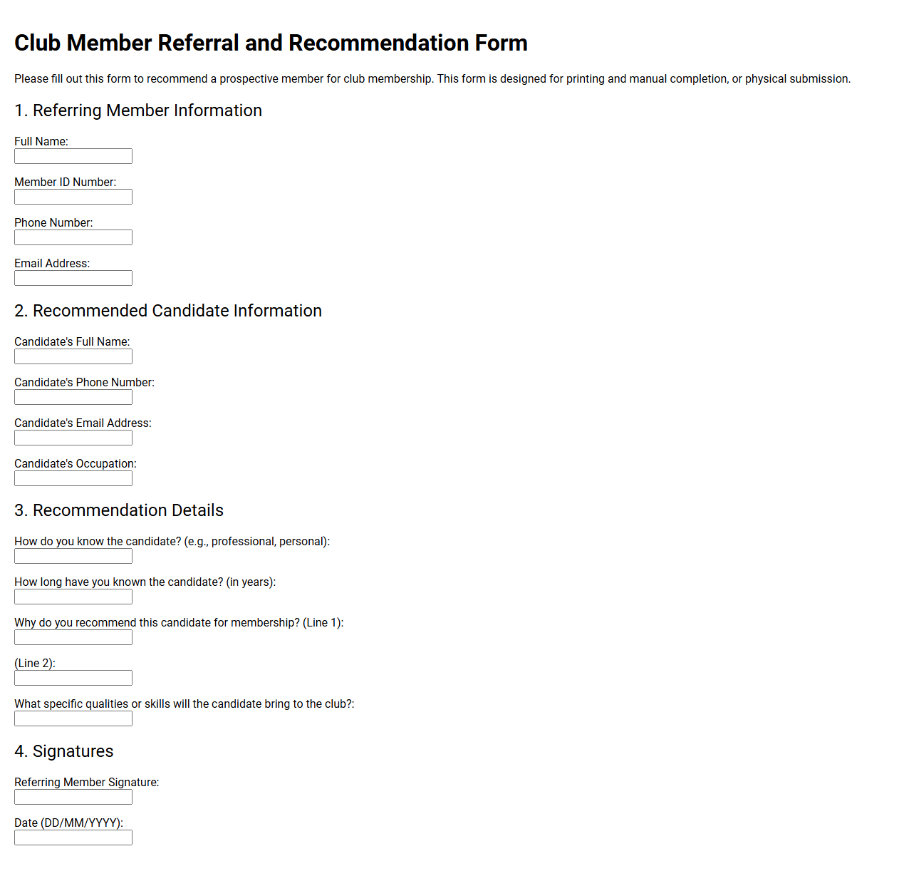 Club Member Referral and Recommendation Form