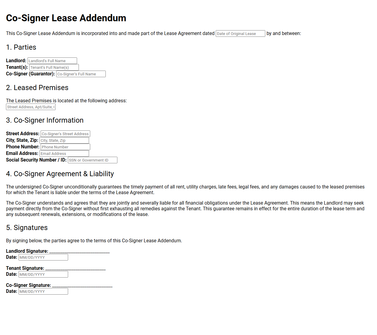 Co-Signer Lease Addendum Template