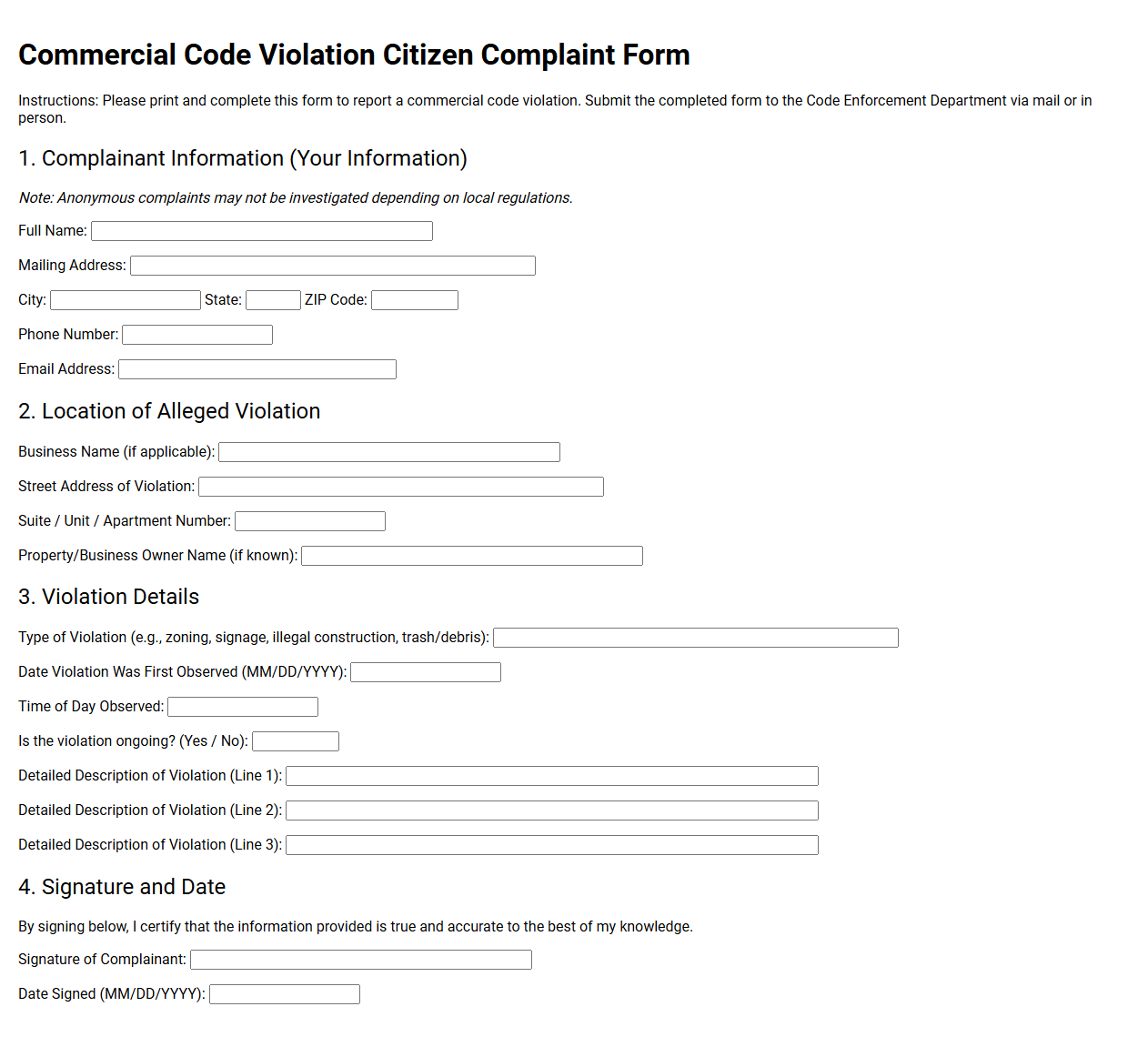 Commercial Code Violation Citizen Complaint Form