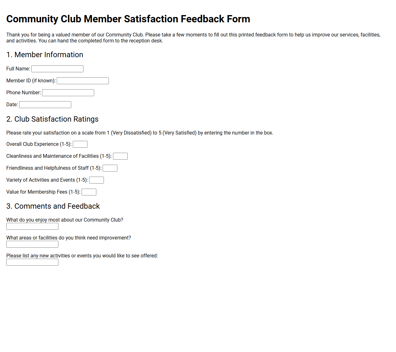 Community Club Member Satisfaction Feedback Form