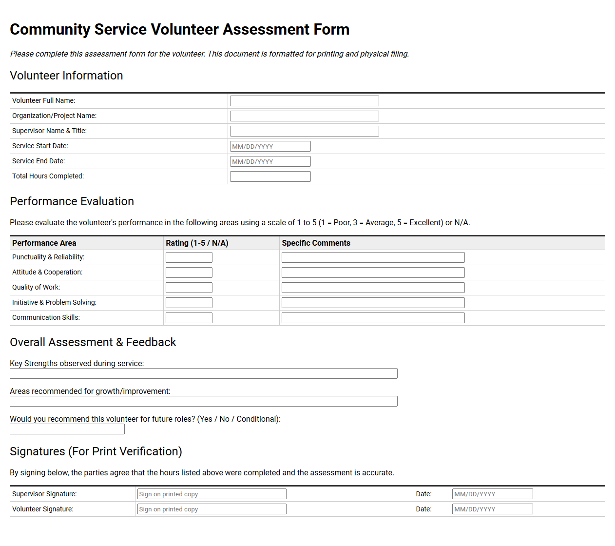 Community Service Volunteer Assessment Form