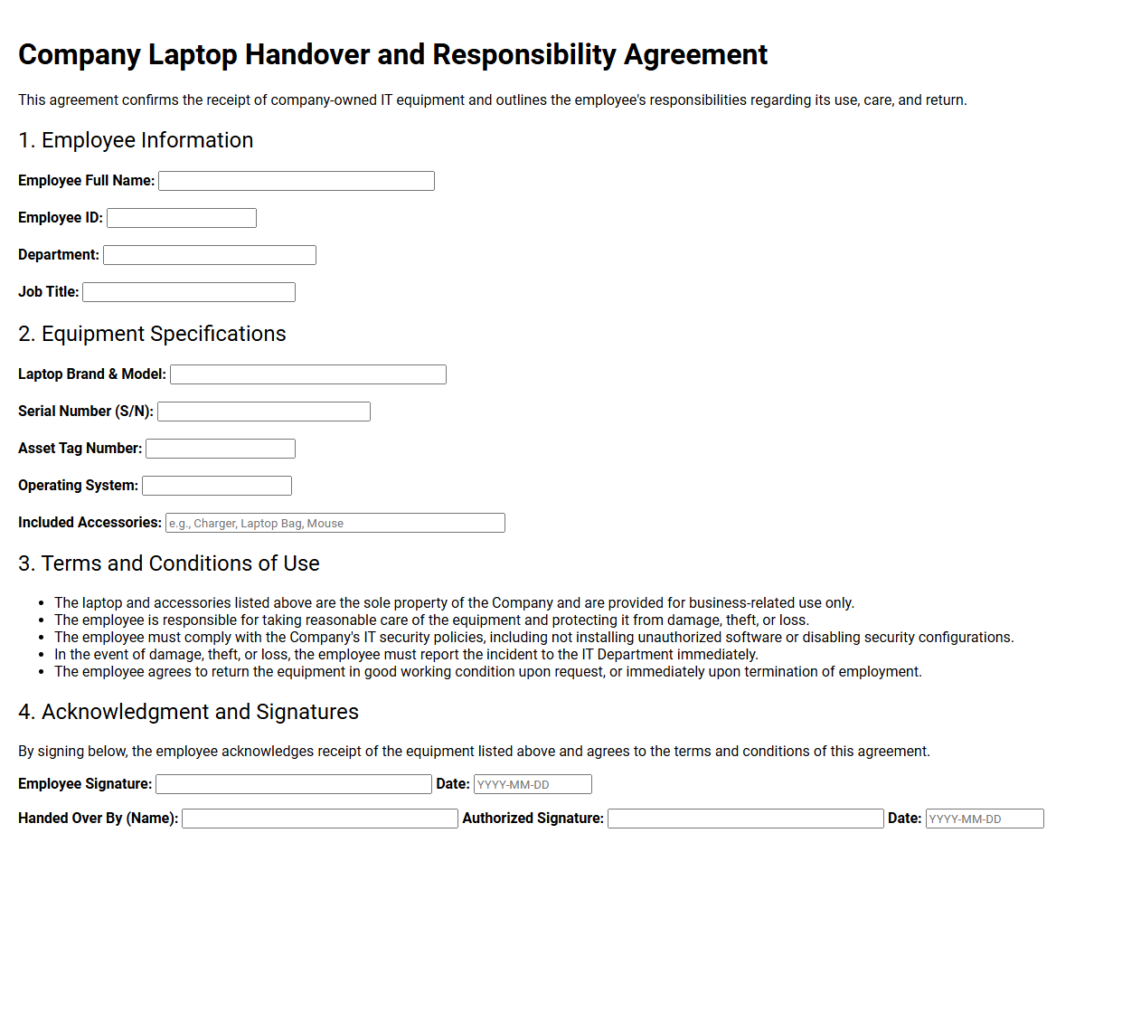 Company Laptop Handover and Responsibility Agreement