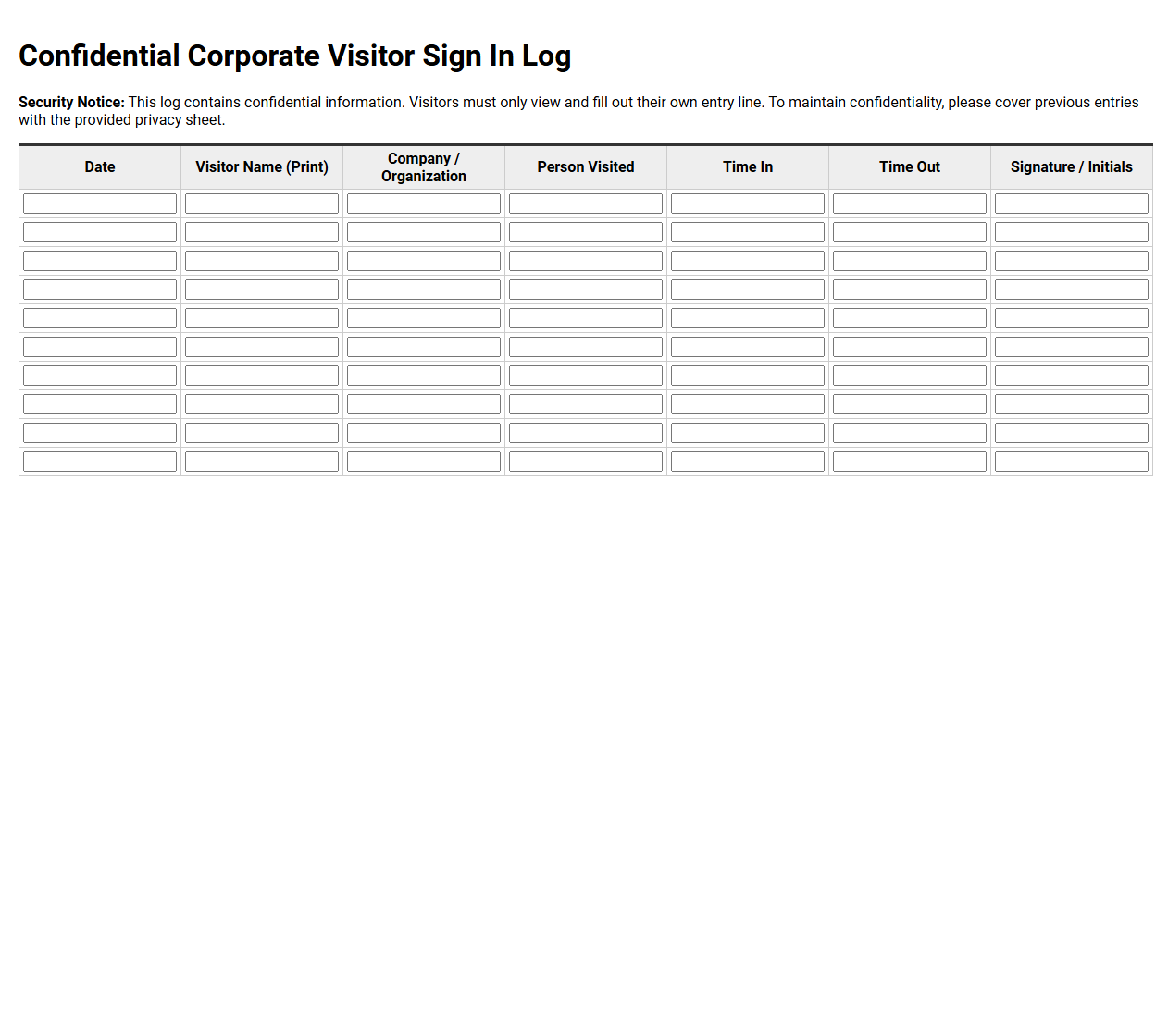 Confidential Corporate Visitor Sign In Log