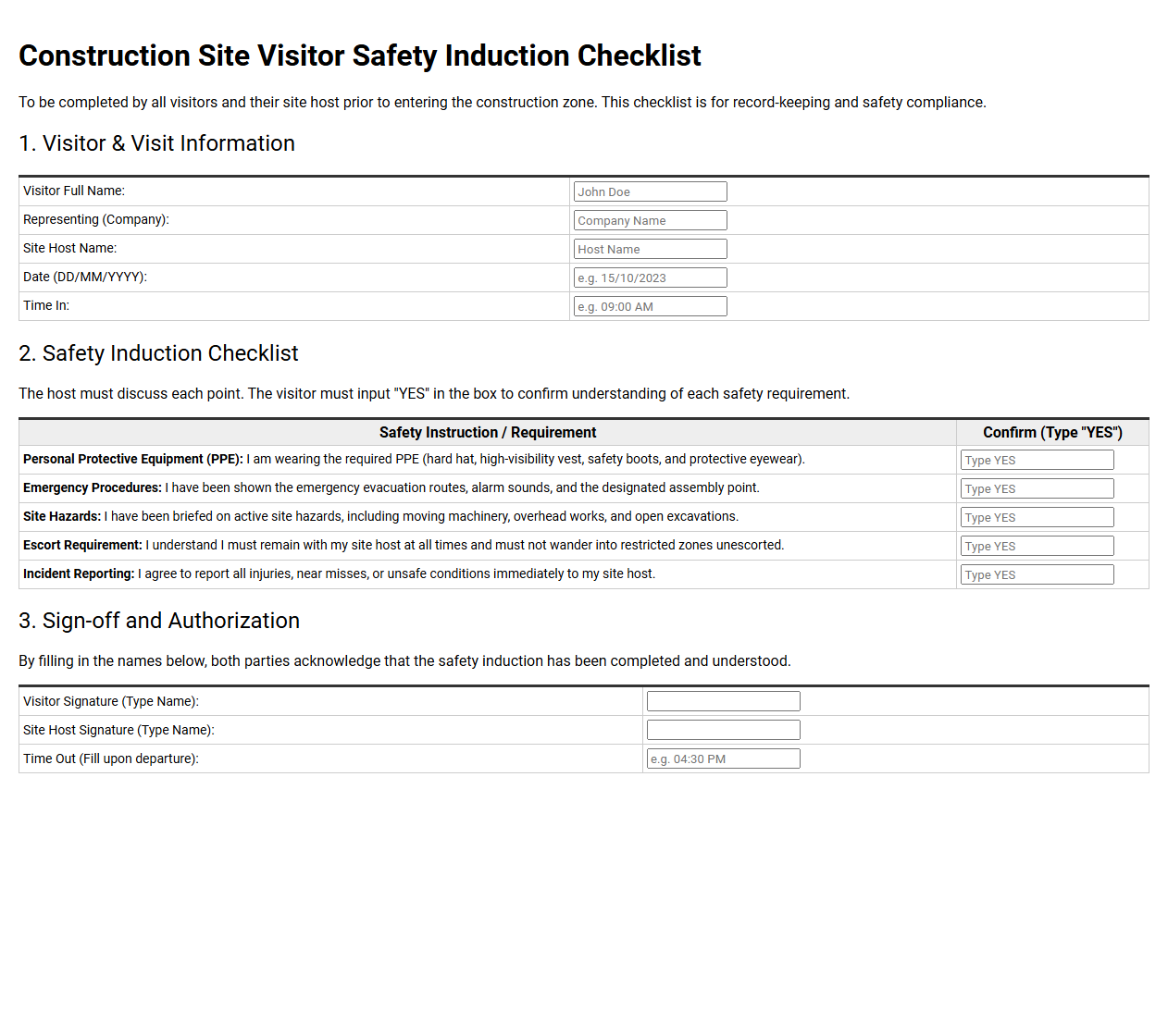 Construction Site Visitor Safety Induction Checklist