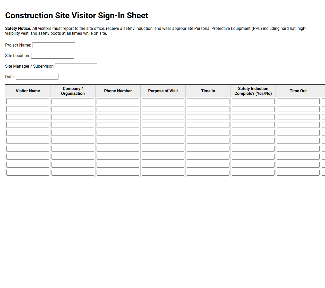Construction Site Visitor Sign In Template