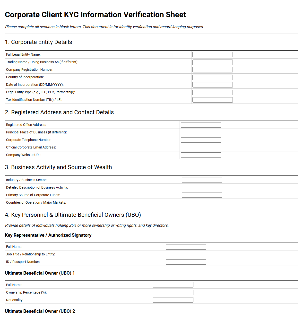 Corporate Client KYC Information Verification Sheet