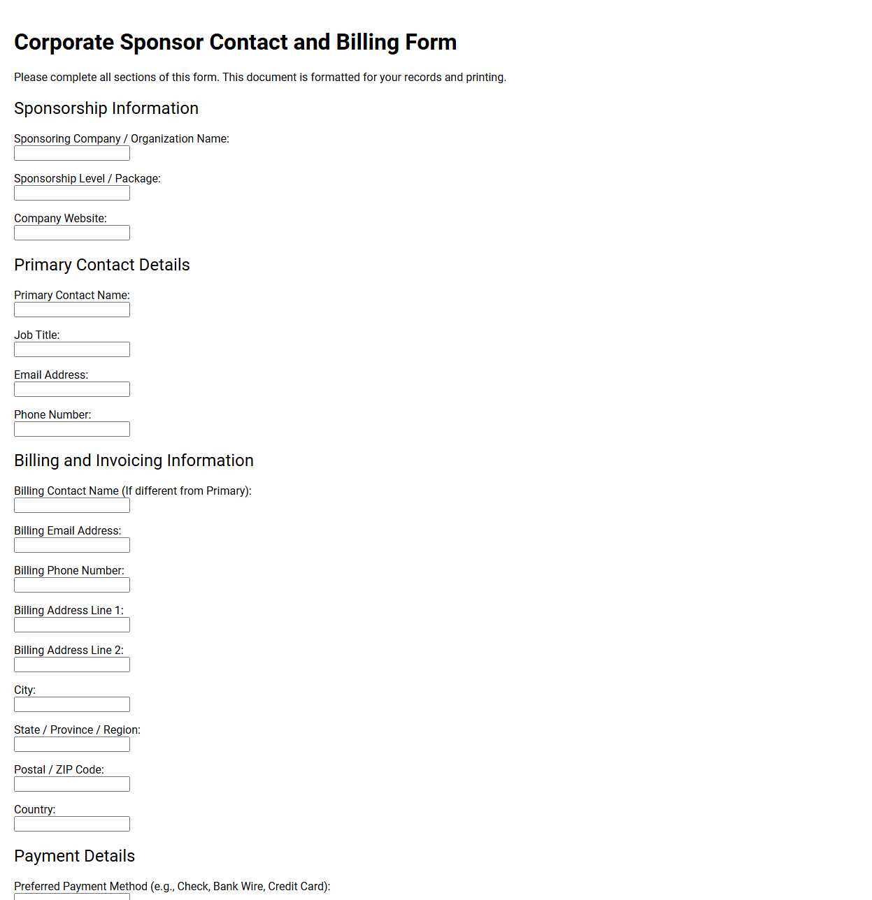 Corporate Sponsor Contact and Billing Form
