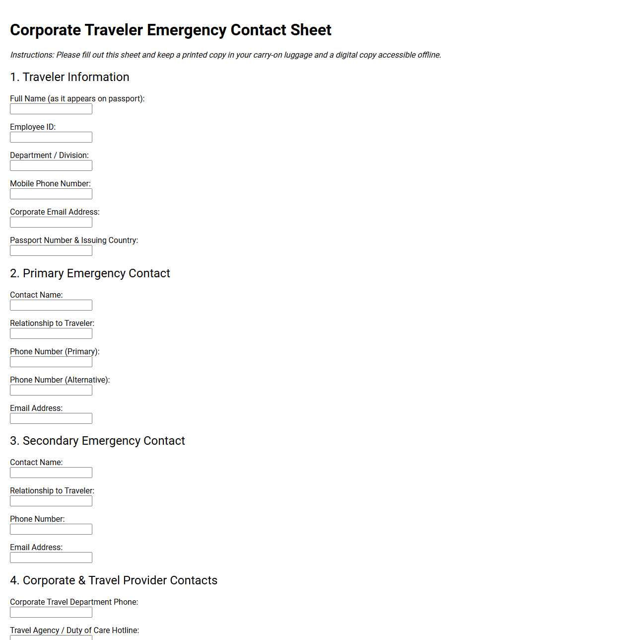 Corporate Traveler Emergency Contact Sheet
