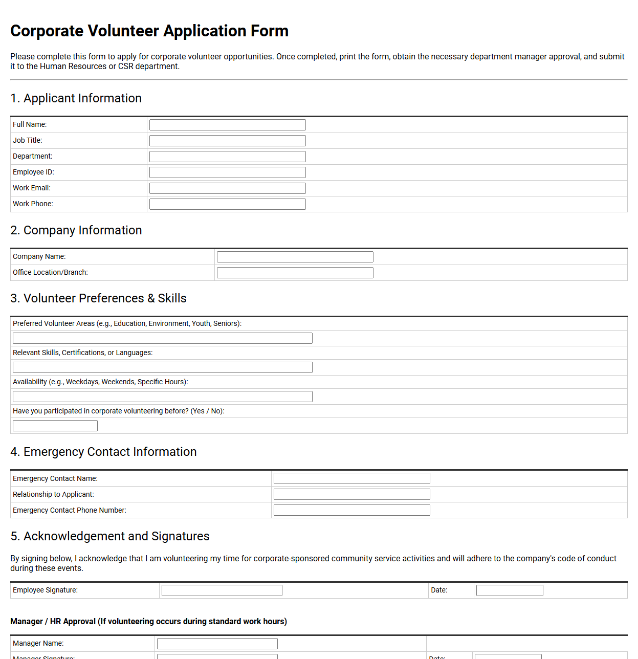 Corporate Volunteer Application Form Template