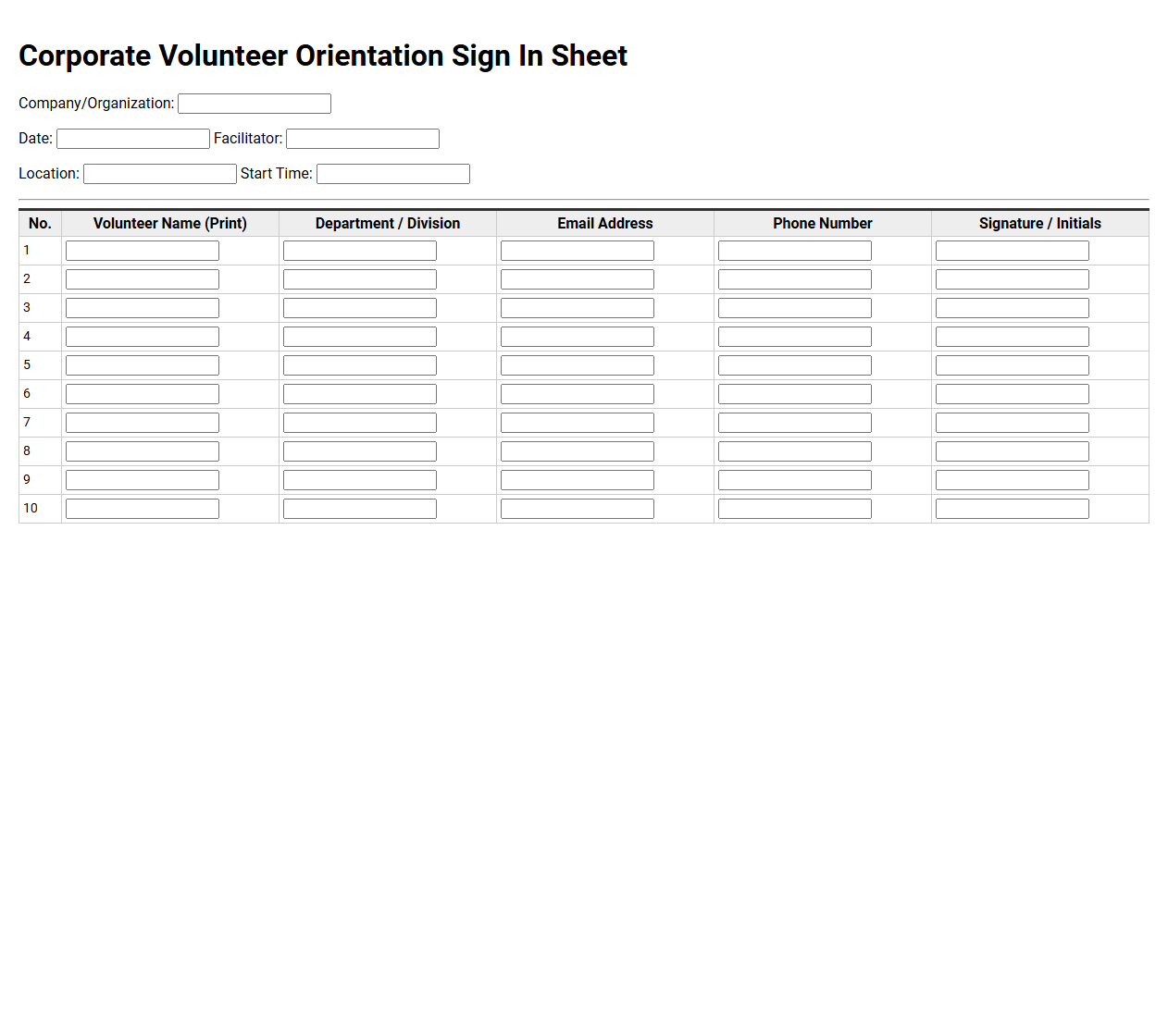 Corporate Volunteer Orientation Sign In Sheet