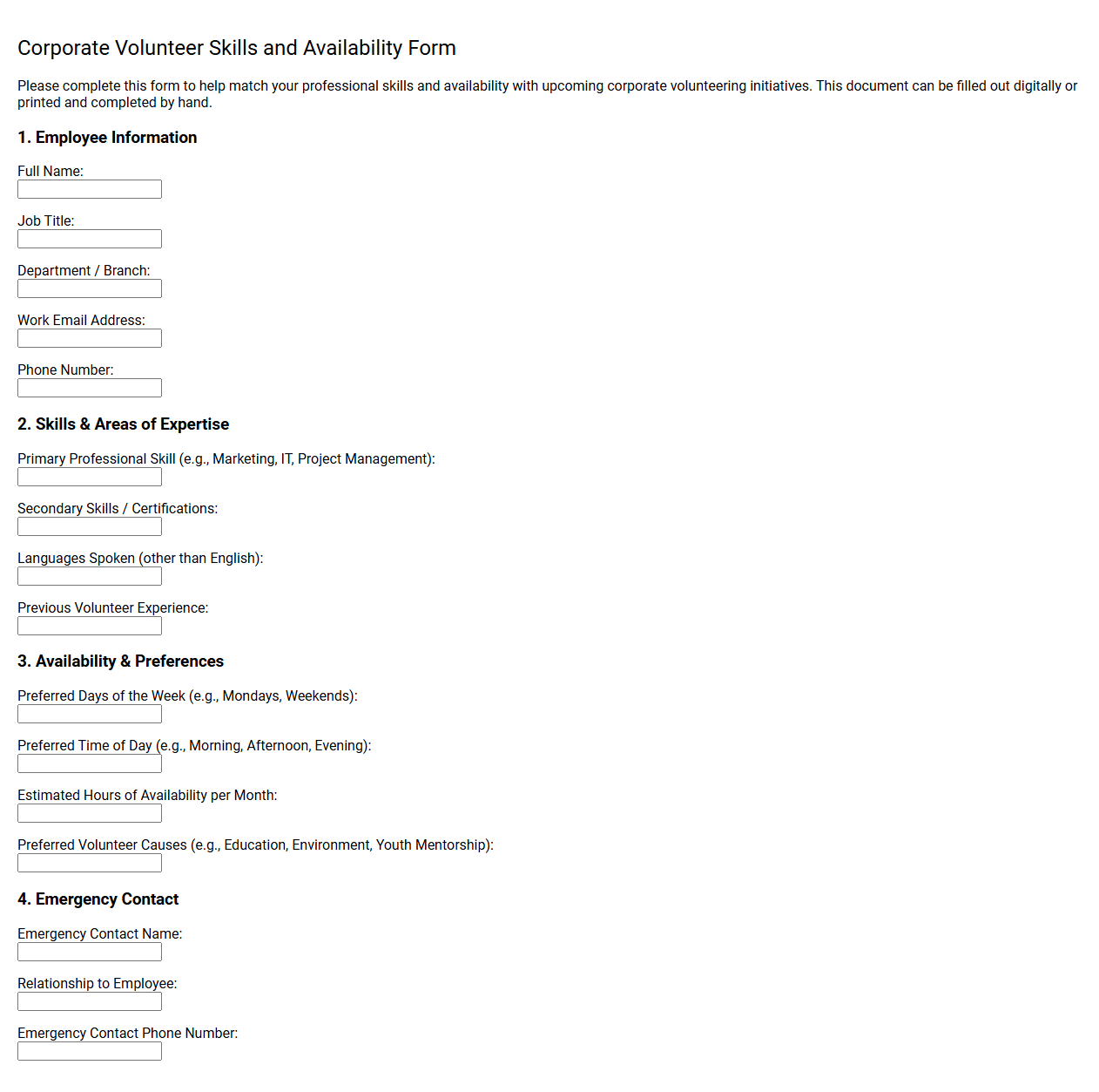 Corporate Volunteer Skills and Availability Form Template
