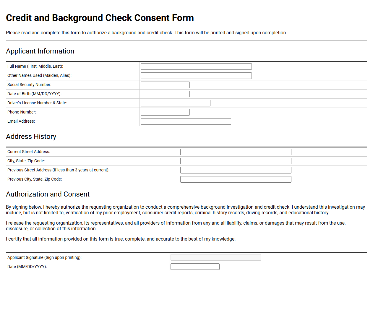 Credit and Background Check Consent Form