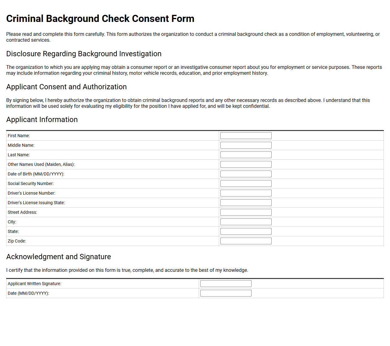 Criminal Background Check Consent Form