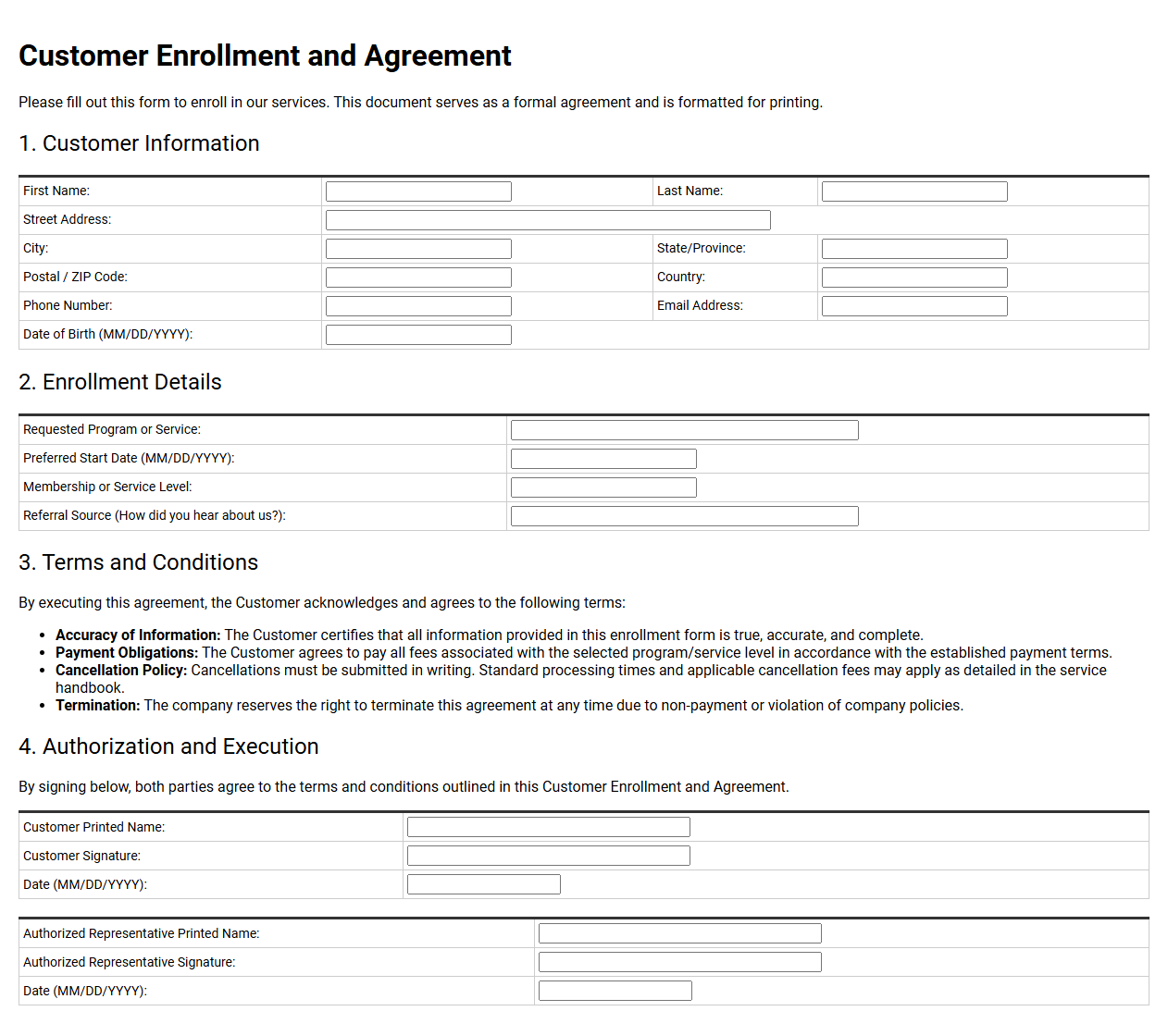 Customer Enrollment and Agreement Template