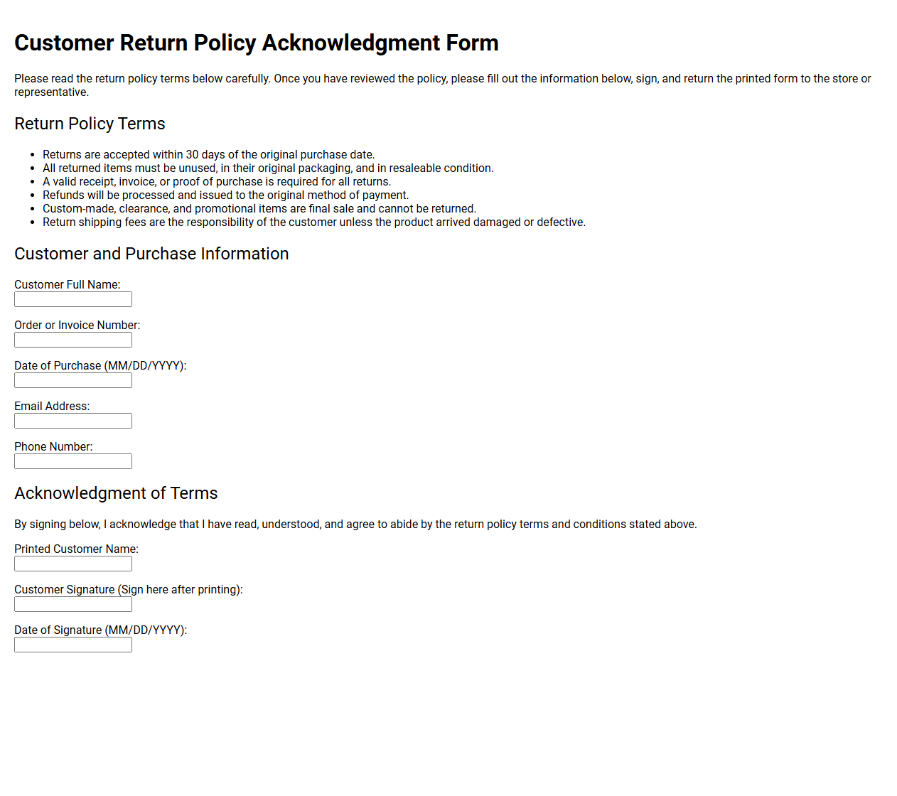 Customer Return Policy Acknowledgment Form
