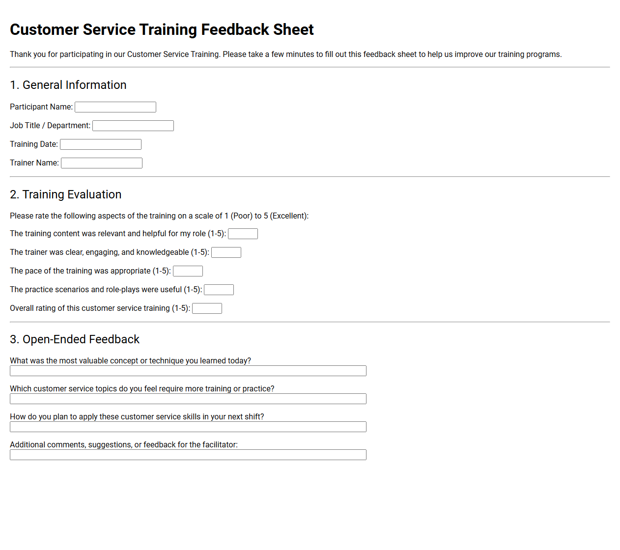 Customer Service Training Feedback Sheet
