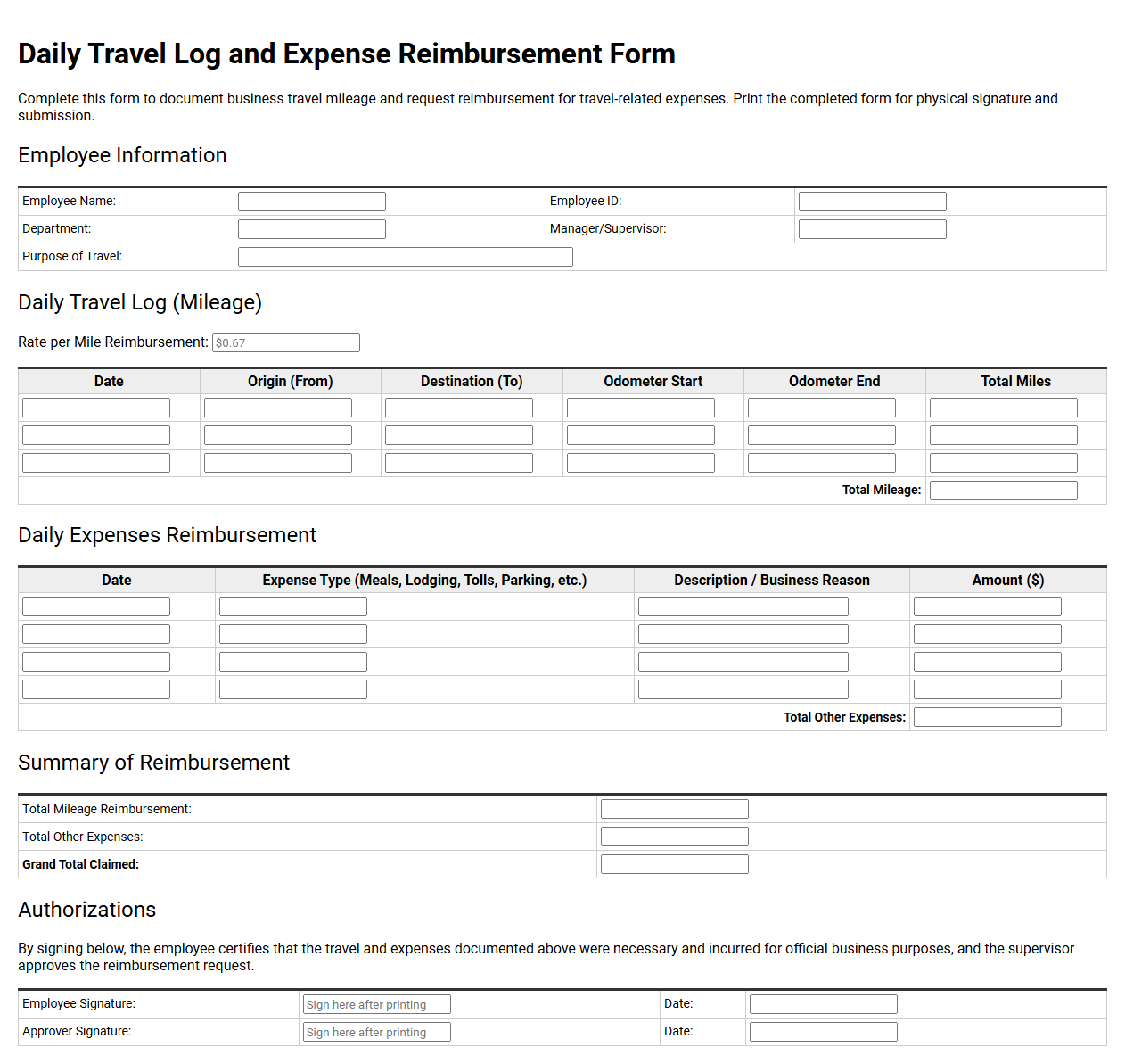 Daily Travel Log and Expense Reimbursement Form