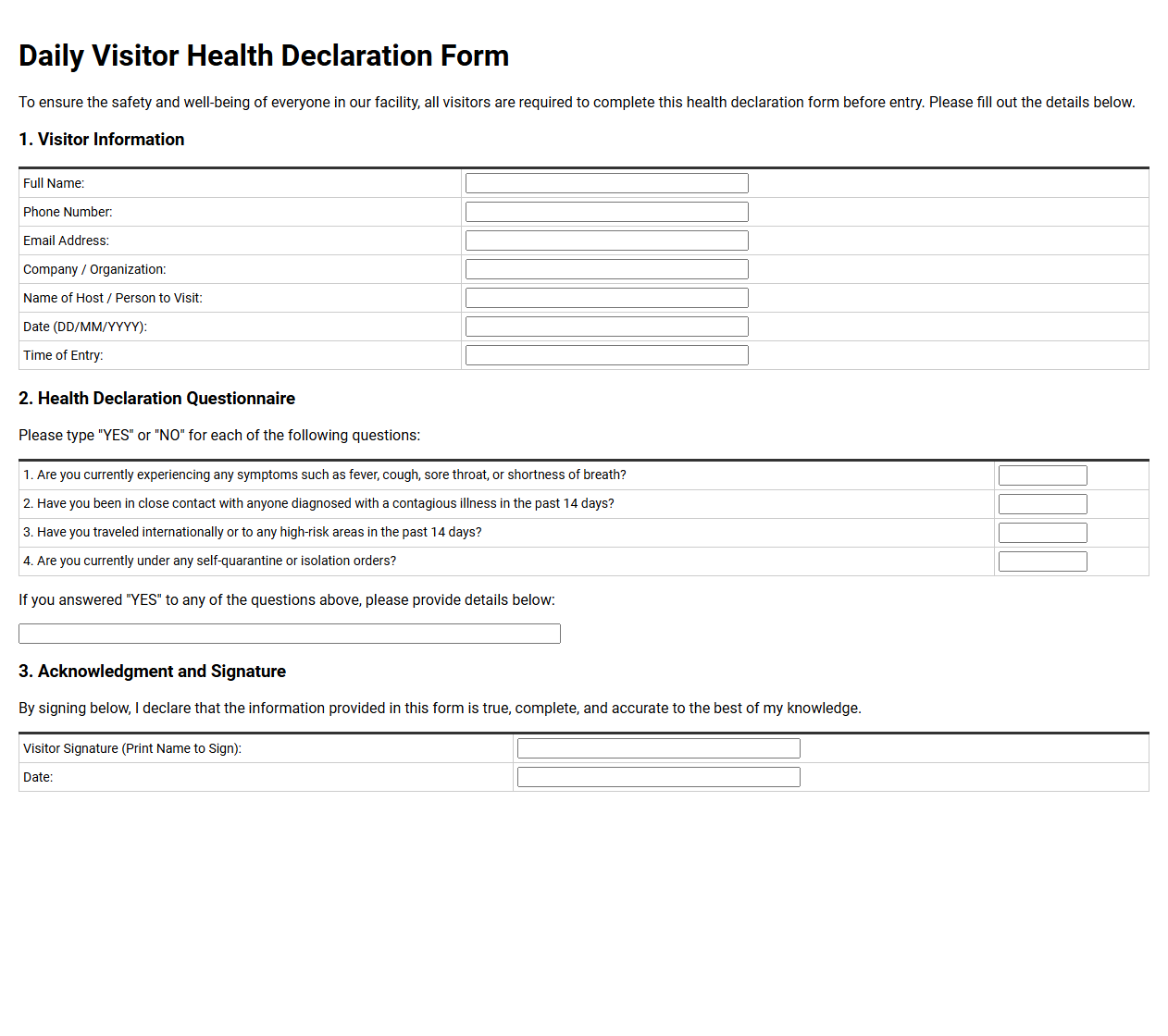Daily Visitor Health Declaration Form