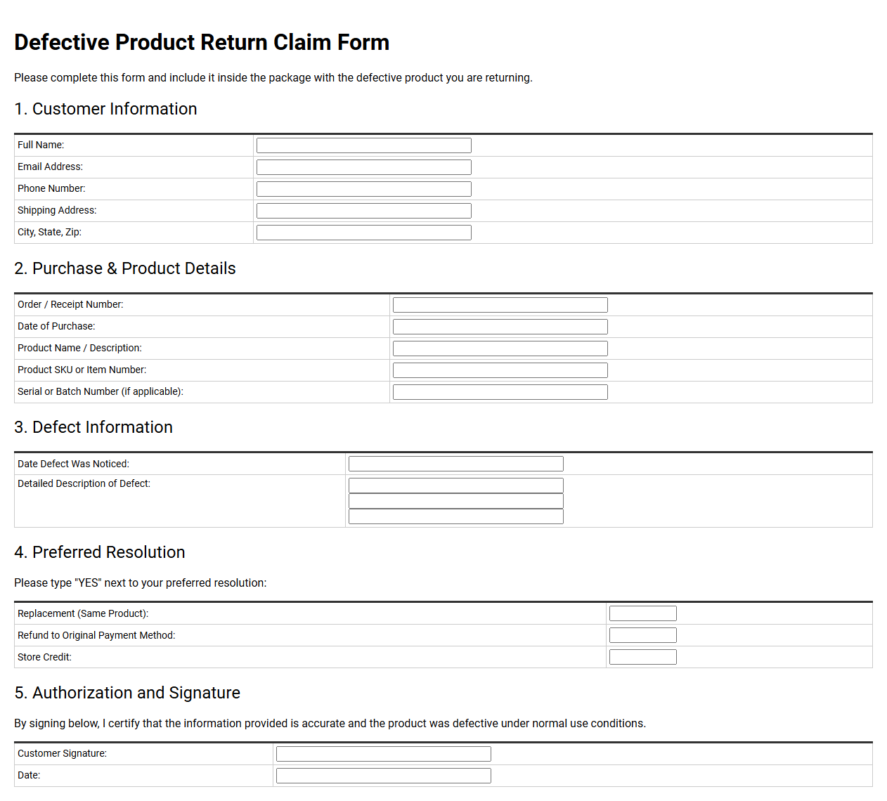 Defective Product Return Claim Form