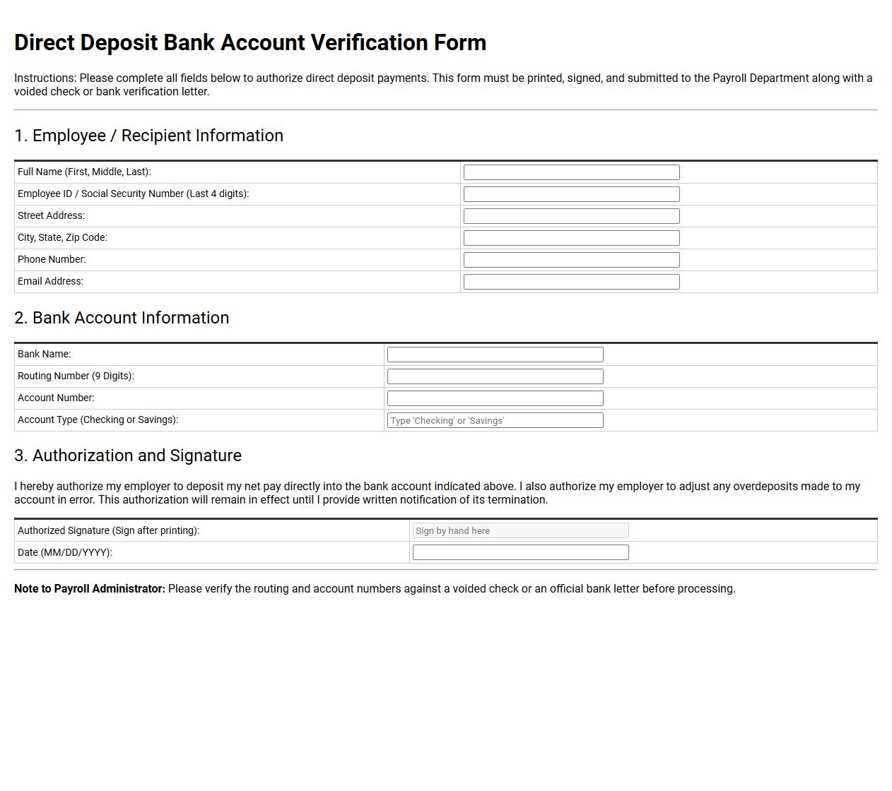 Direct Deposit Bank Account Verification Form